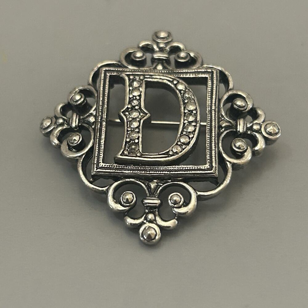Avon Letter D Brooch Pin Silver Tone Faux Marcasite Monogram Vintage Jewelry